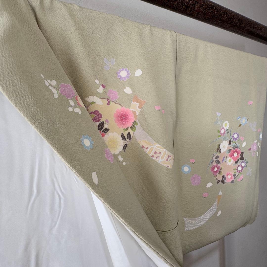 超美品　正絹　袷　現代　正統派　訪問着　着物　 163 黄緑　鶯色　手書き　上品