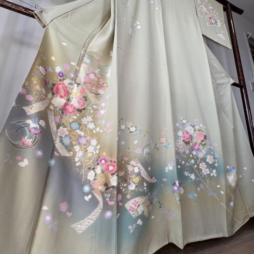 超美品　正絹　袷　現代　正統派　訪問着　着物　 163 黄緑　鶯色　手書き　上品