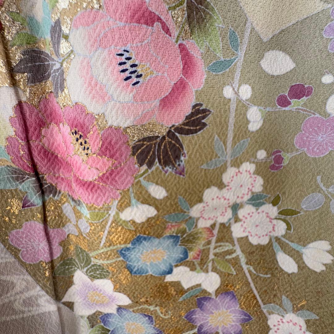 超美品　正絹　袷　現代　正統派　訪問着　着物　 163 黄緑　鶯色　手書き　上品