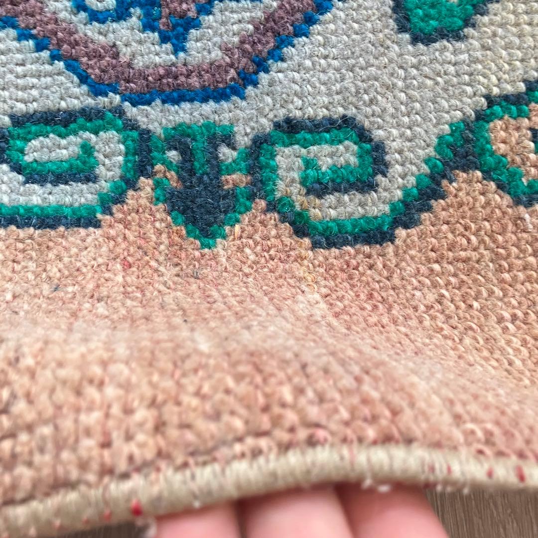 コーラルベージュ77×202グリーン　メダリオンランナー　トルコヴィンテージラグ