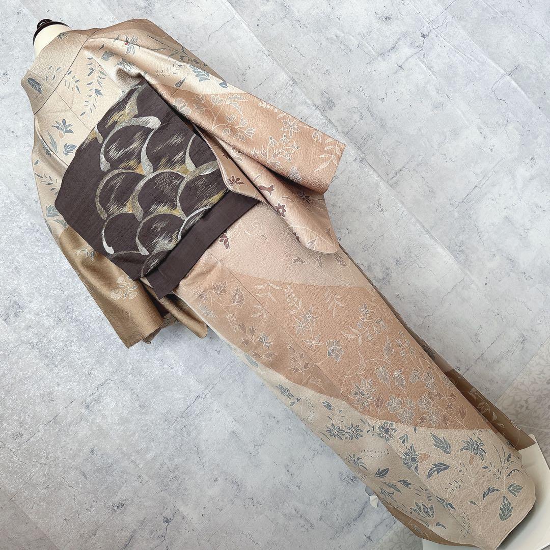 小紋　フルセット　着物　正絹　ベージュ　更紗模様　m2