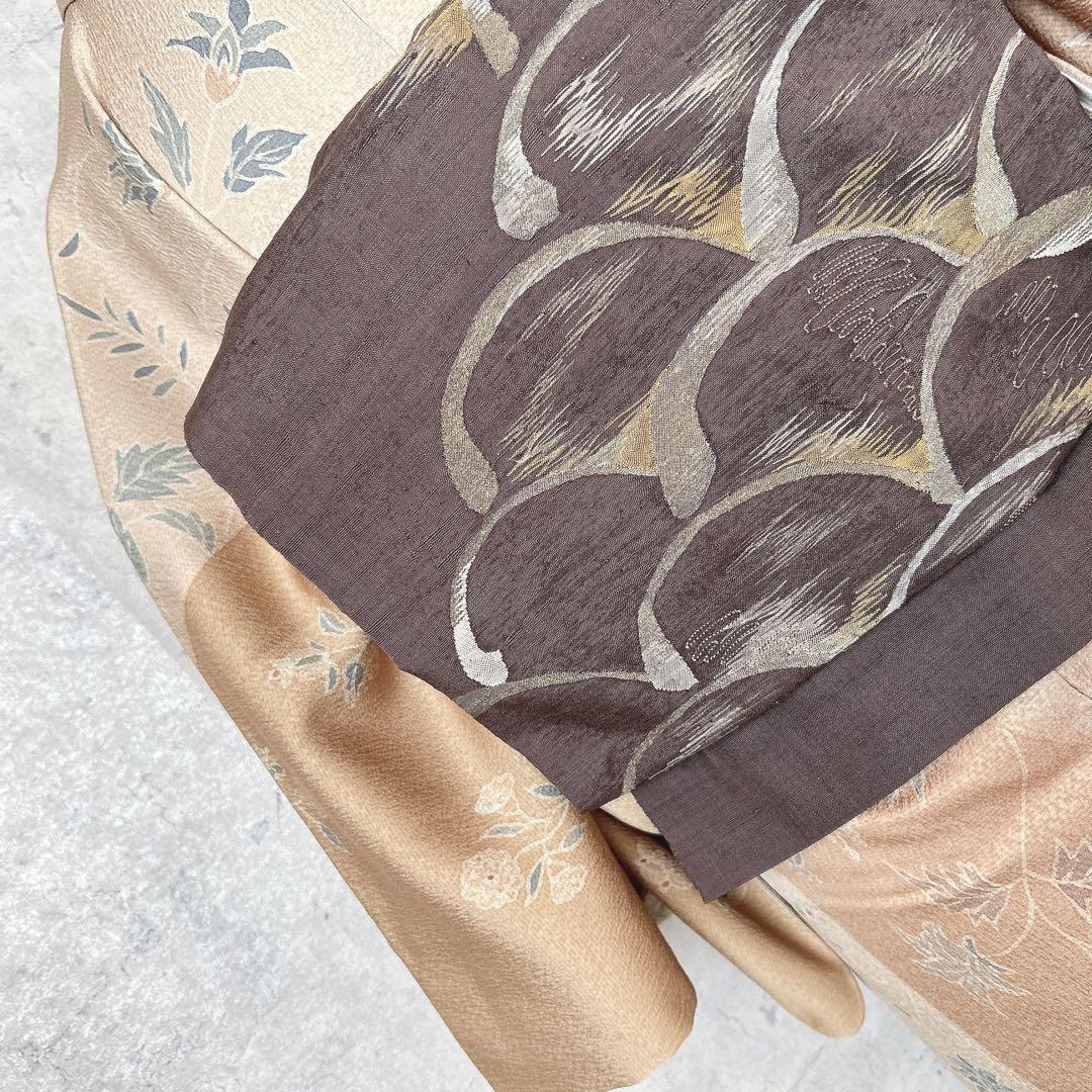 小紋　フルセット　着物　正絹　ベージュ　更紗模様　m2