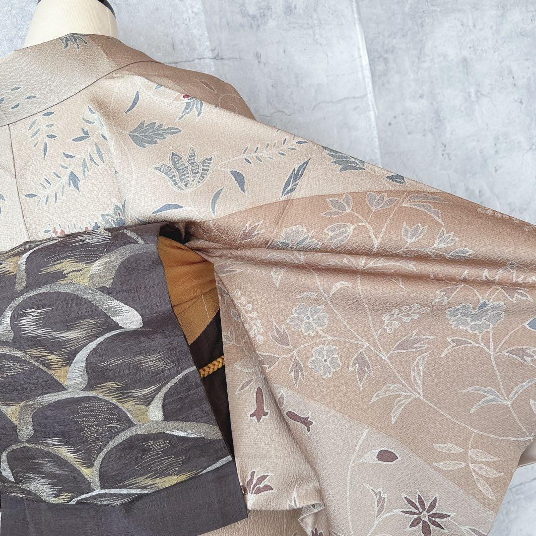 小紋　フルセット　着物　正絹　ベージュ　更紗模様　m2