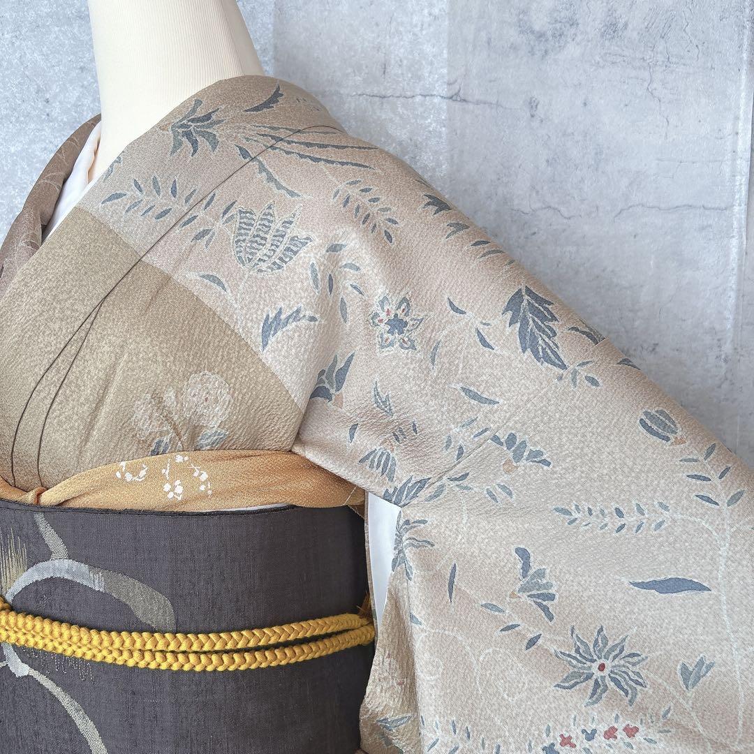 小紋　フルセット　着物　正絹　ベージュ　更紗模様　m2