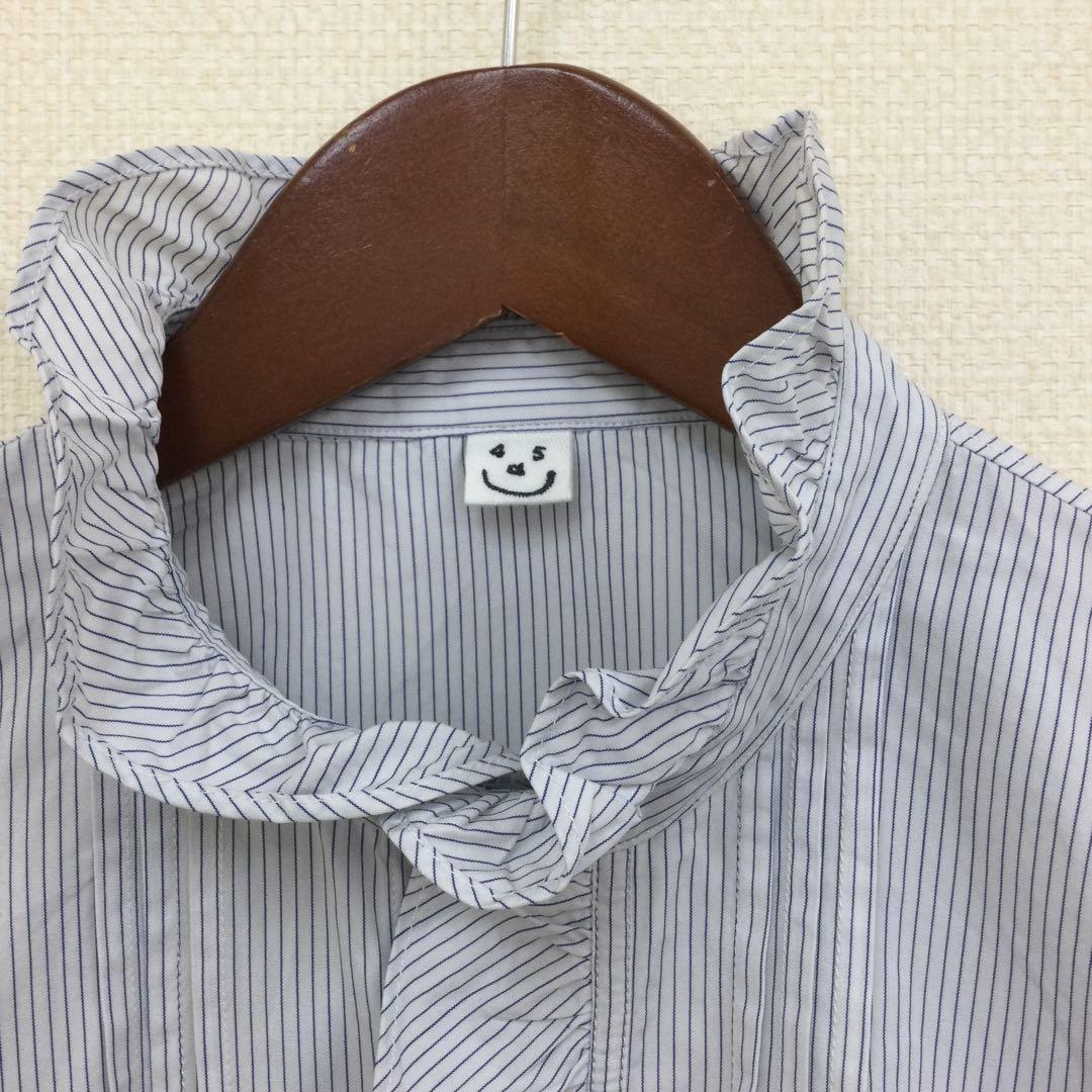 45R レディースフリル付き長袖ブラウス　白×紺　縦ストライプ　フリーサイズ