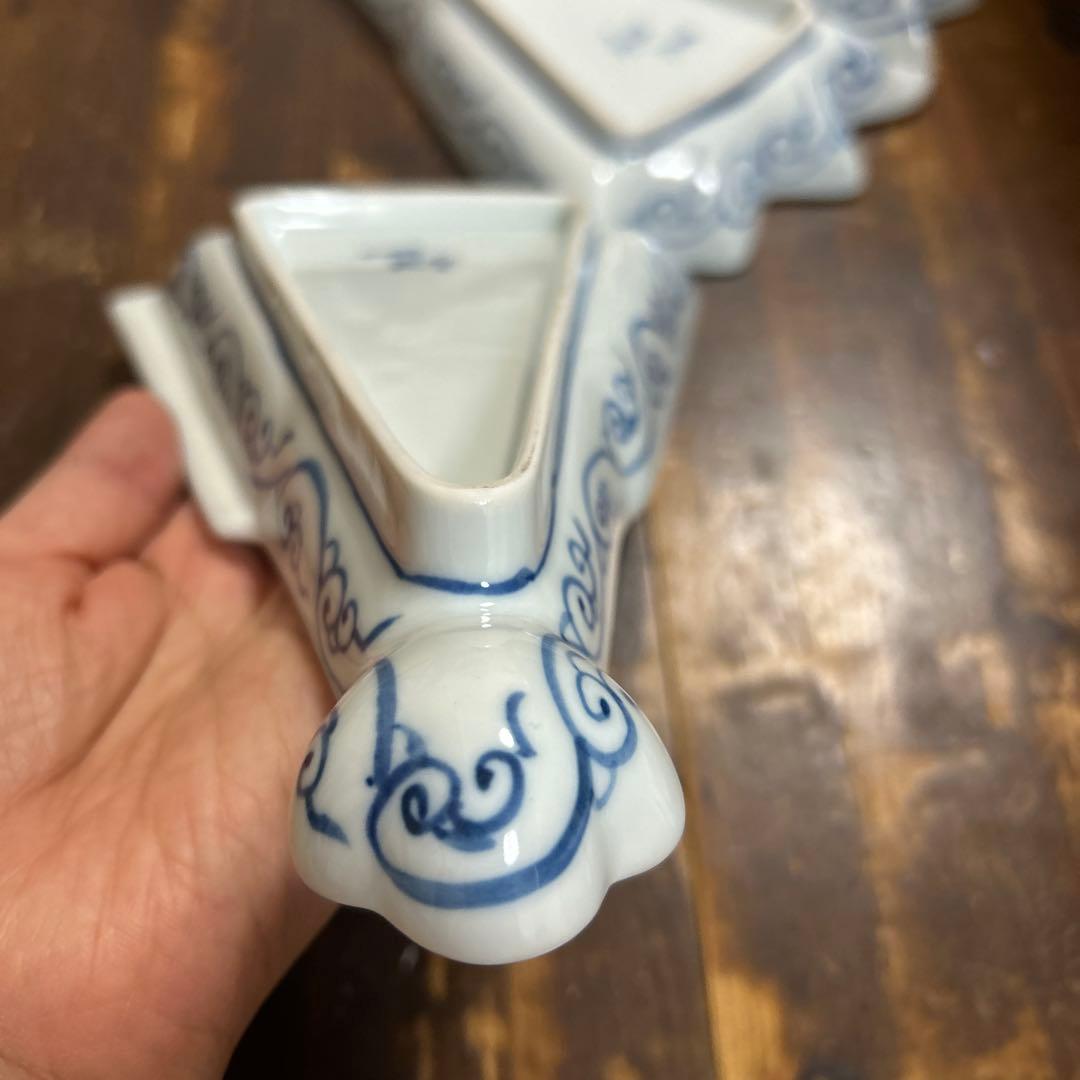 九谷焼　阿古窯　染付　手描き　小扇子　半開扇皿　５枚