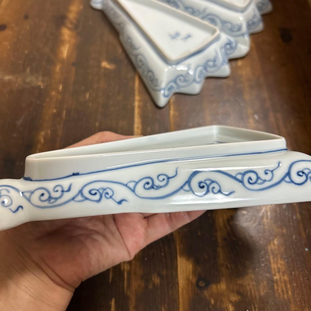 九谷焼　阿古窯　染付　手描き　小扇子　半開扇皿　５枚