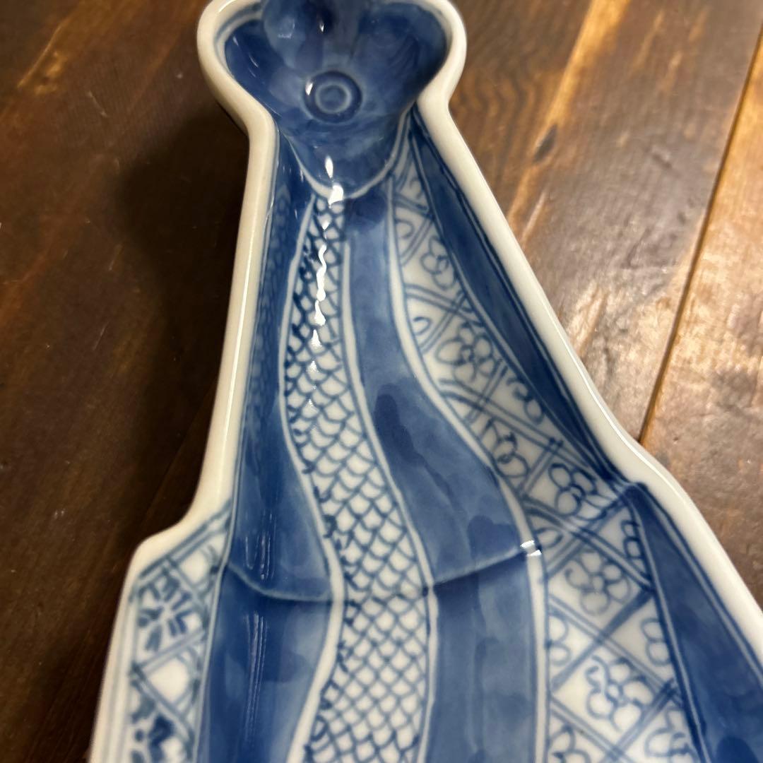 九谷焼　阿古窯　染付　手描き　小扇子　半開扇皿　５枚