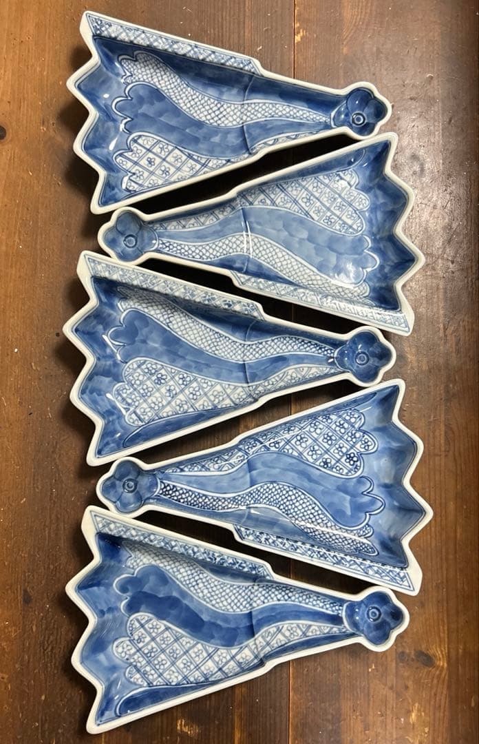 九谷焼　阿古窯　染付　手描き　小扇子　半開扇皿　５枚