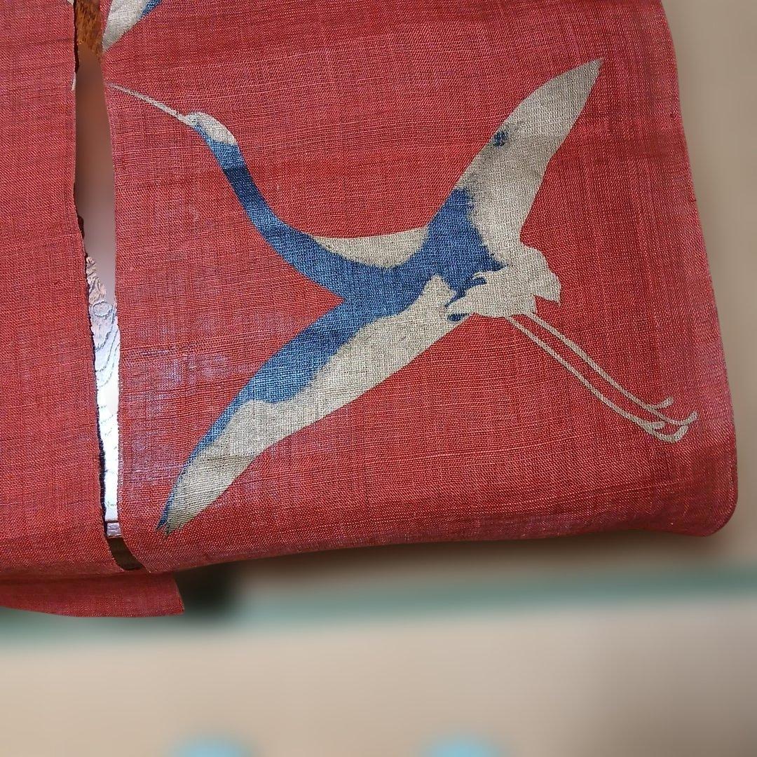 プロフ必読　万葉舎麻のれん 漆染めのれん 鶴 朱赤 サイズ:88×150cm