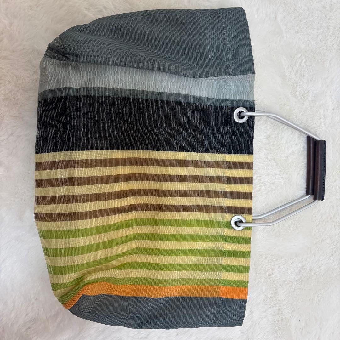 MARNI ストライプ エコバッグ フラワーカフェ マルチグリーン ハンドル 革