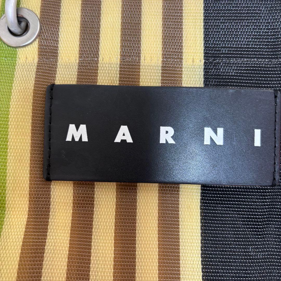 MARNI ストライプ エコバッグ フラワーカフェ マルチグリーン ハンドル 革