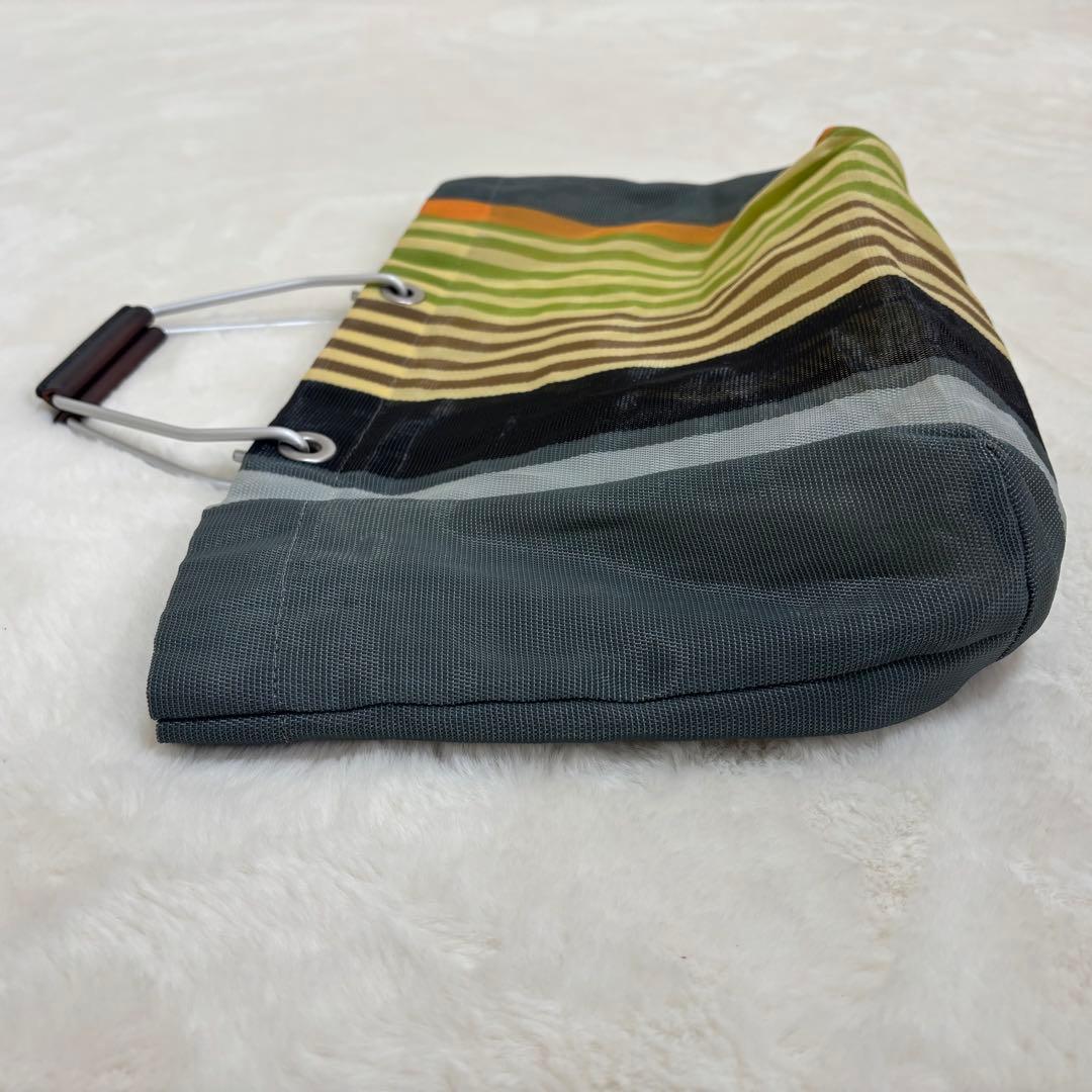 MARNI ストライプ エコバッグ フラワーカフェ マルチグリーン ハンドル 革