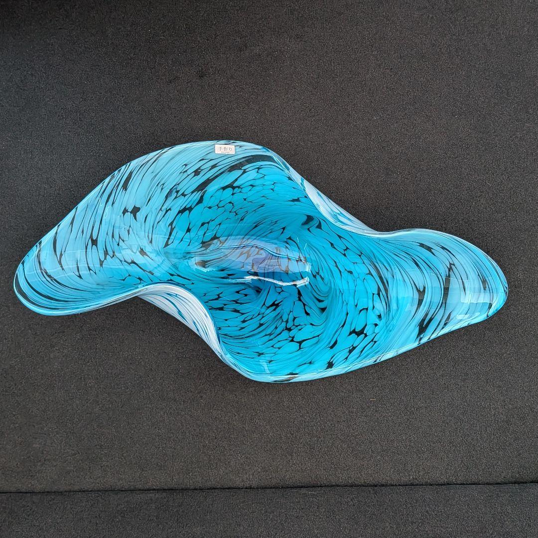 青色ガラス 水盤 花器 大型 48cm モダンアート ガラス工芸 一点物風