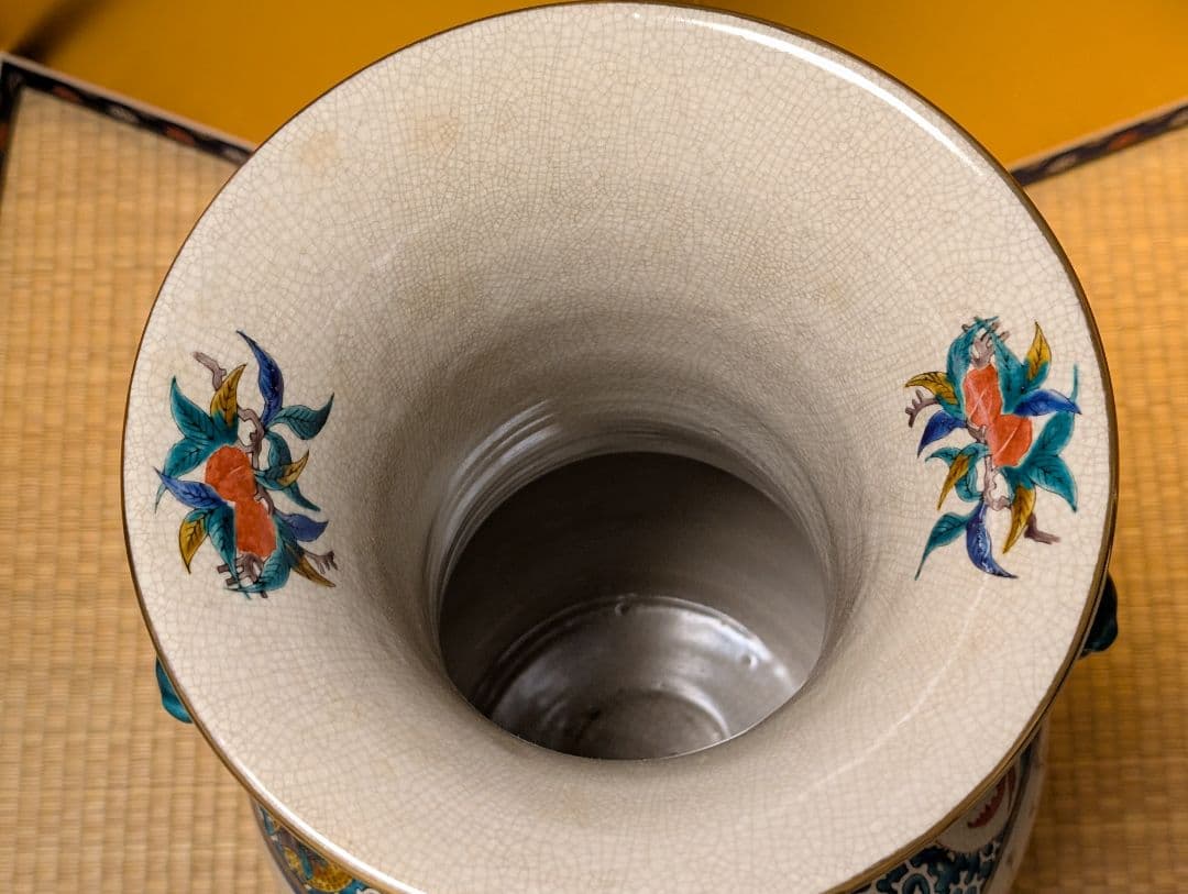 九谷焼　角福　青手　壺　花瓶 『双耳飾壺』