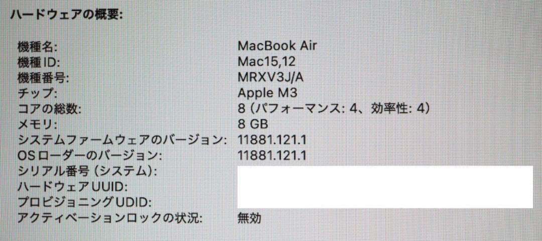 非常に綺麗Apple MacBook Air 2024 M3 256GB電池良好
