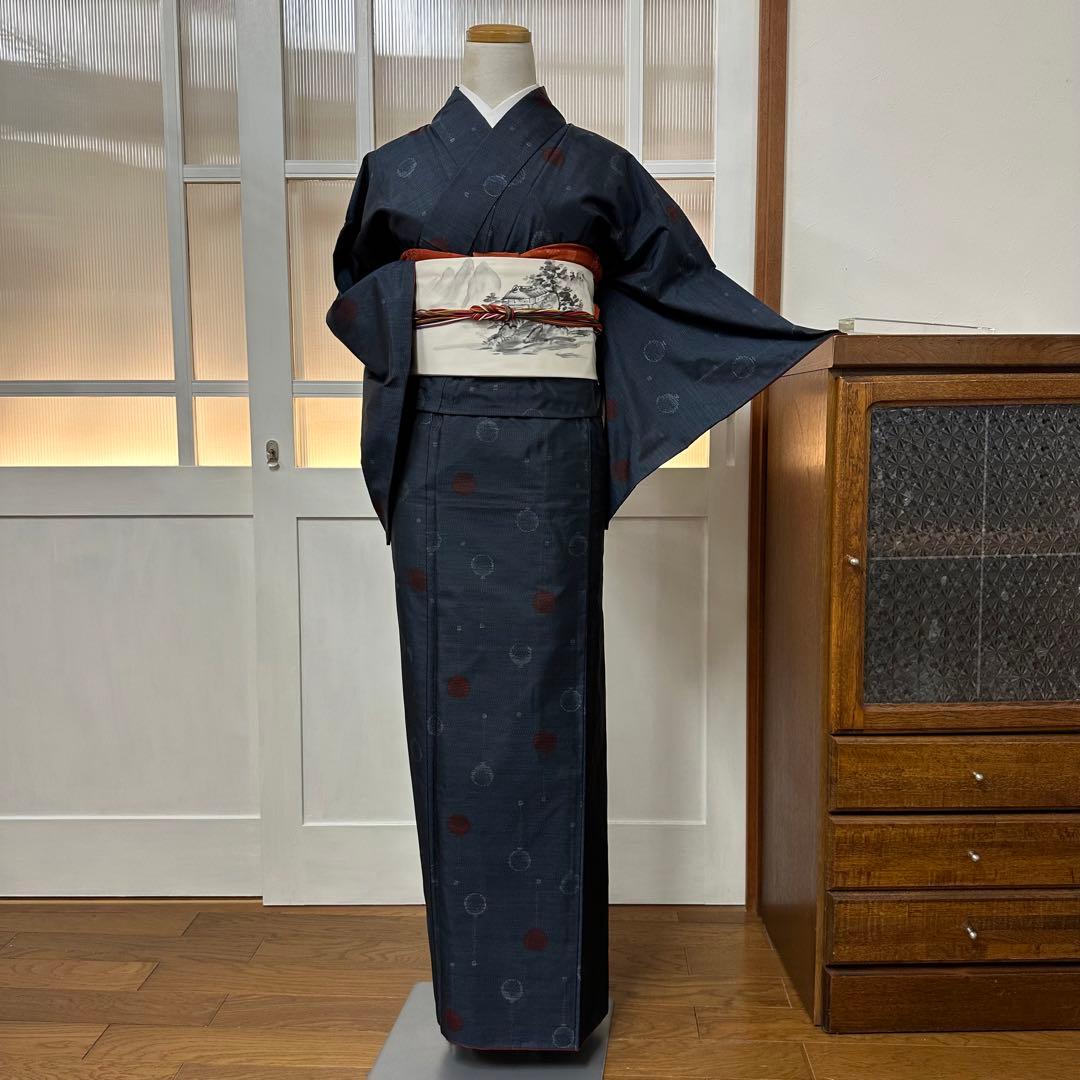 ぬ*い様 大島紬　袷　正絹　紺×黒　風船柄織り出し　身丈159裄65