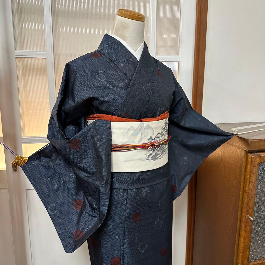 ぬ*い様 大島紬　袷　正絹　紺×黒　風船柄織り出し　身丈159裄65