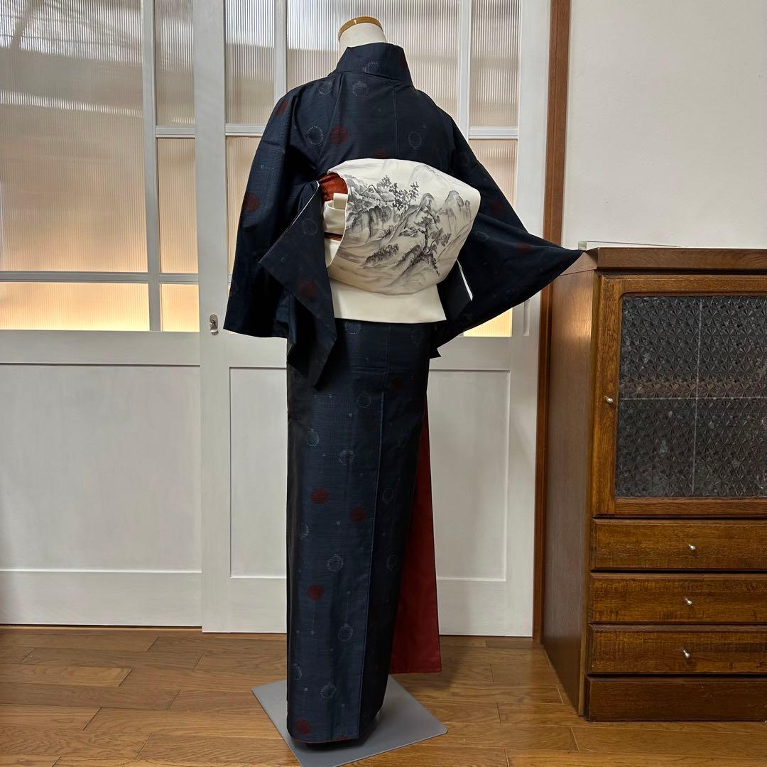 ぬ*い様 大島紬　袷　正絹　紺×黒　風船柄織り出し　身丈159裄65
