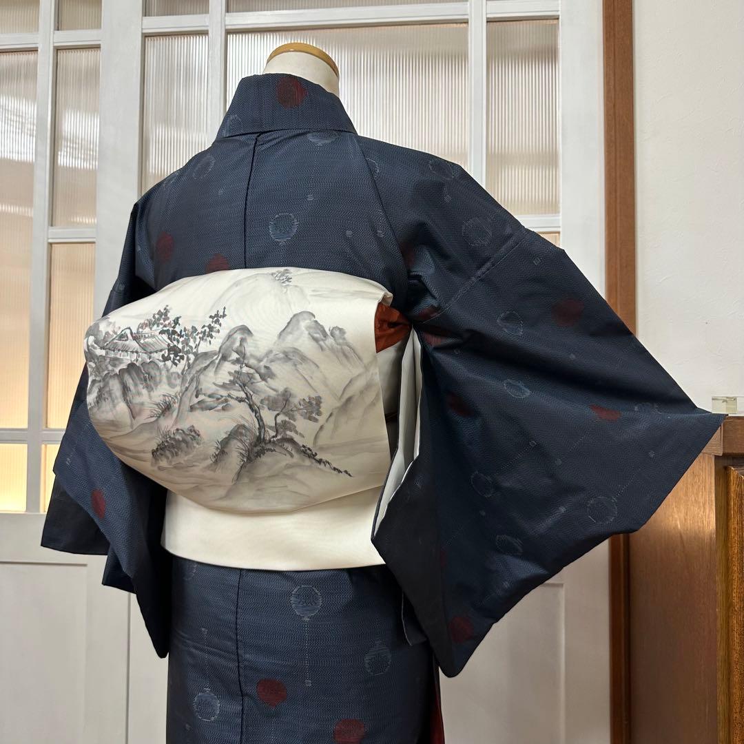 ぬ*い様 大島紬　袷　正絹　紺×黒　風船柄織り出し　身丈159裄65