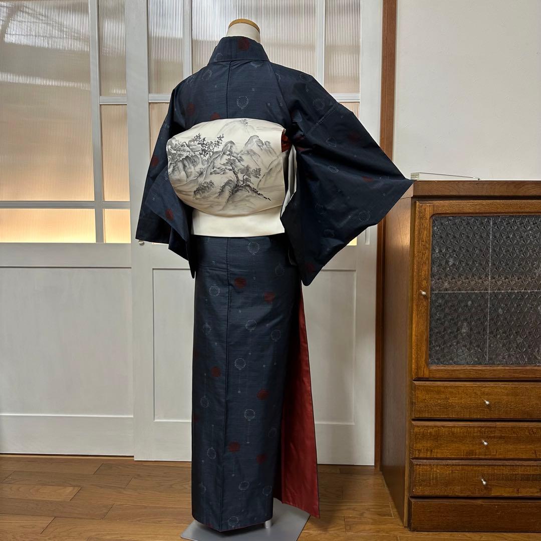 ぬ*い様 大島紬　袷　正絹　紺×黒　風船柄織り出し　身丈159裄65