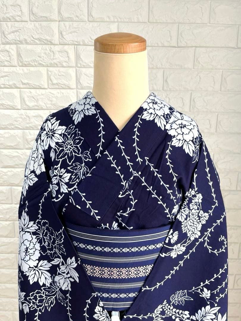 【超超美品】浴衣 夏着物 単衣 普段着物 紺色藍色花柄 木綿 裄長 トールサイズ