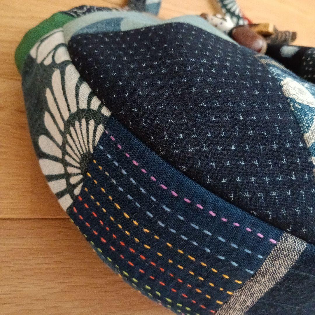 古布鶴亀　グラニーバッグ　鶴亀寿　藍染型染　ハンドメイド　柿渋染め