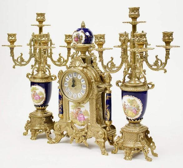 イタリア 時計 キャンドルスタンド 真鍮 磁器 ブルー 425TBG