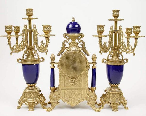 イタリア 時計 キャンドルスタンド 真鍮 磁器 ブルー 425TBG