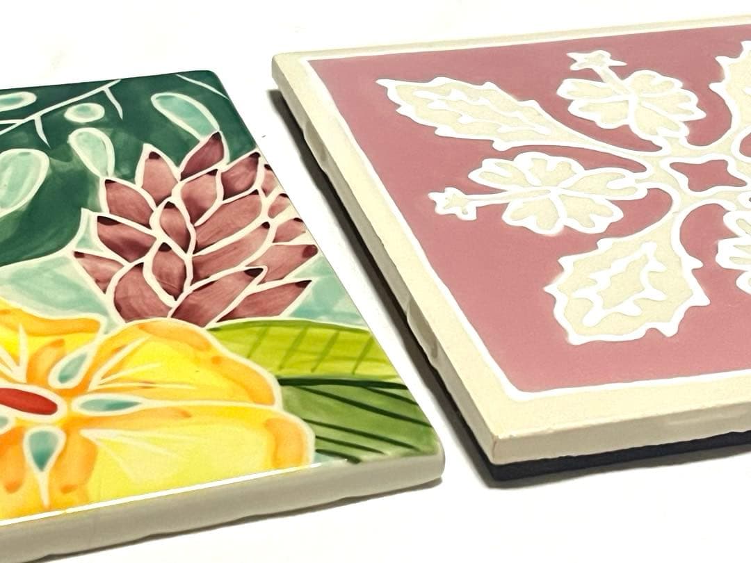 【レア】ハワイアンキルトトロピカル柄 陶器タイル 2枚セットヴィンテージ