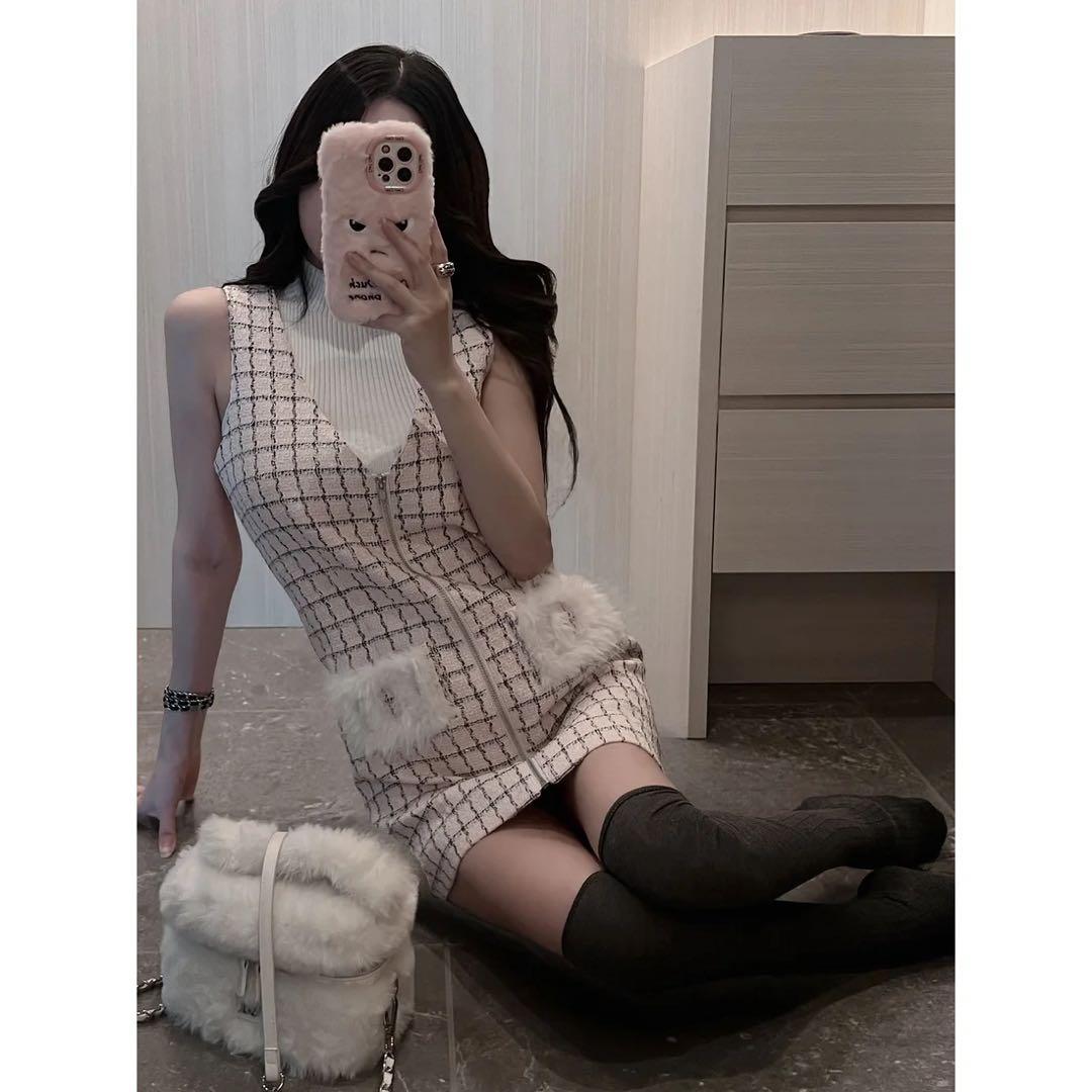 新品タグ付き ダーリッチ フロントファスナーツイードミニワンピース FL ピンク