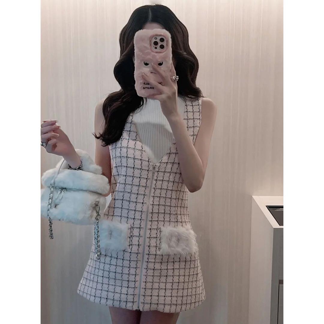 新品タグ付き ダーリッチ フロントファスナーツイードミニワンピース FL ピンク