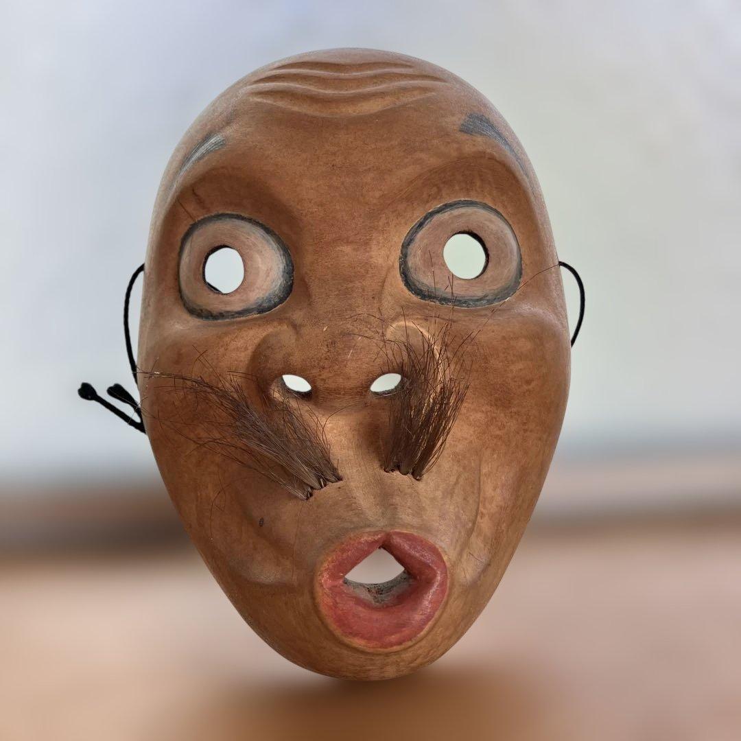 手彫り　木彫彩色　ひょっとこ　髭あり