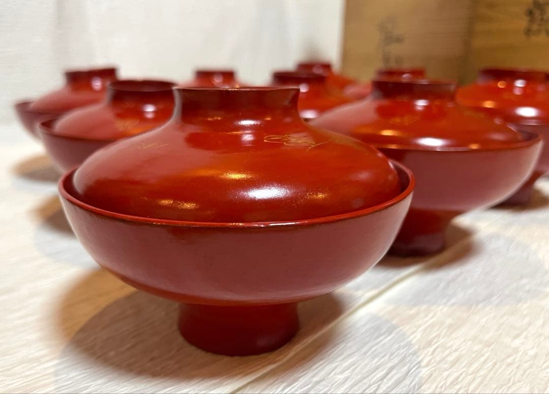 時代物 漆器 本珠 吸物椀 蓋付き 10客セット 木箱付 アンティーク171