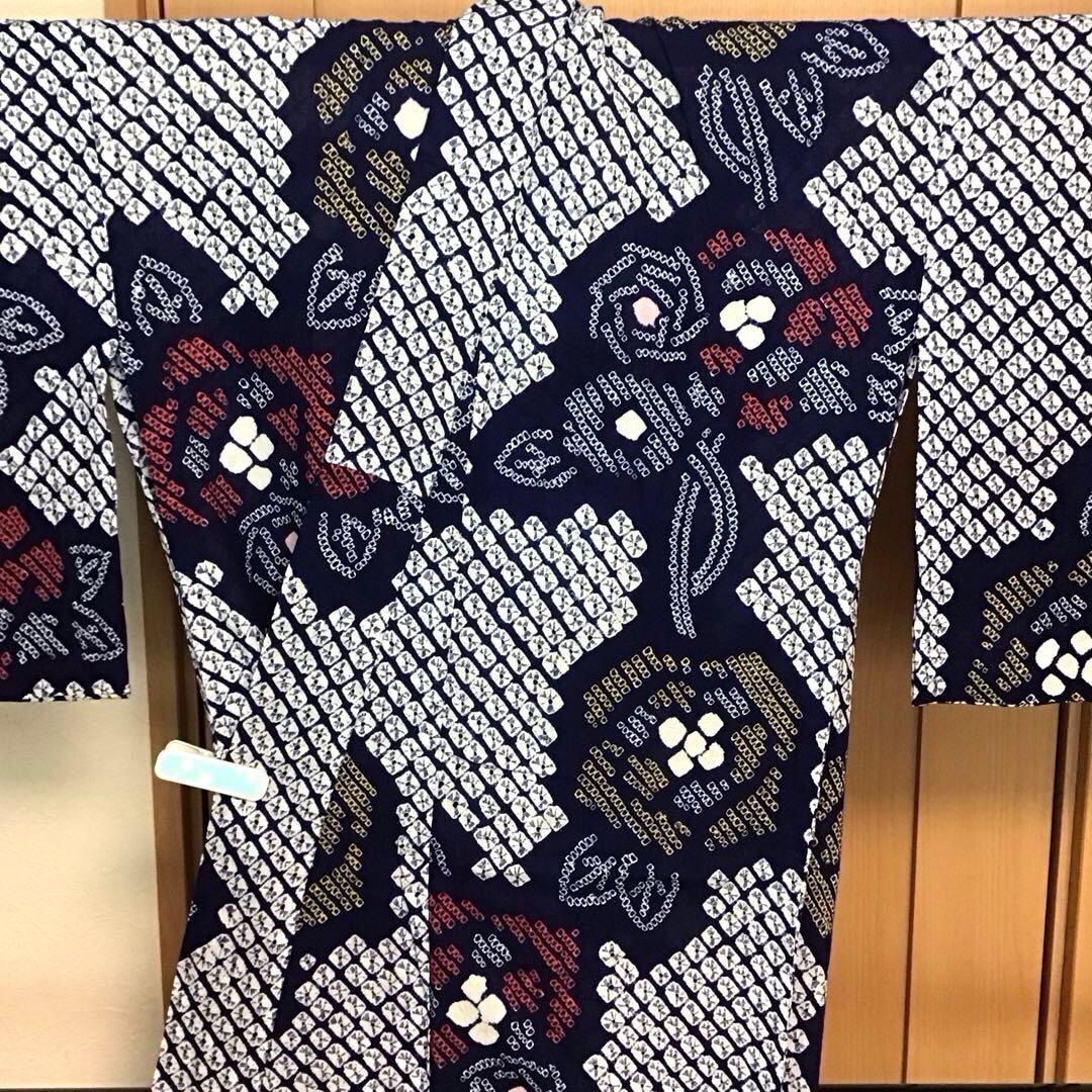 未使用☆本場有松絞り☆誂え浴衣☆紺色☆ばら☆身丈168☆裄丈68☆