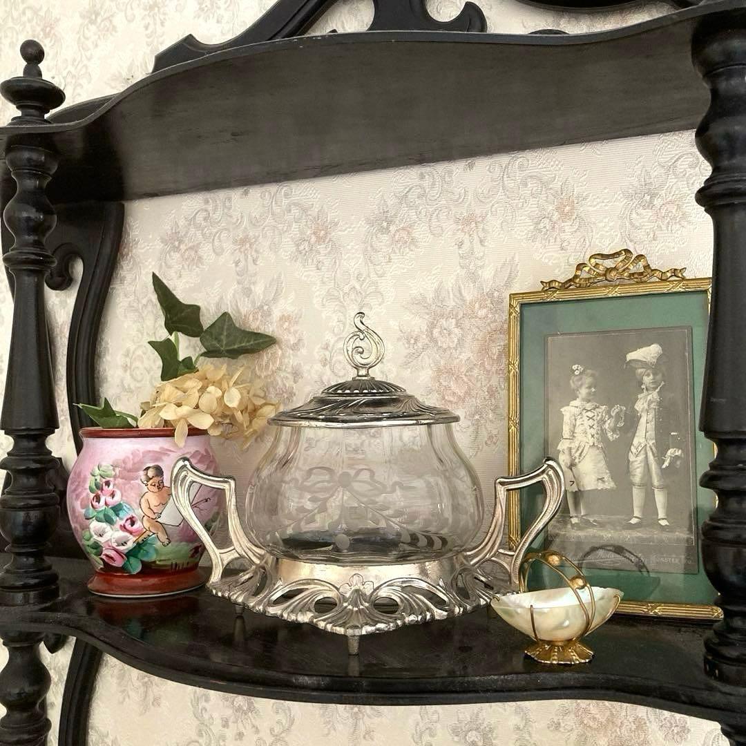 ♪フランスアンティーク リボンのガラスポットシュガーポットボンボニエール小物入れ