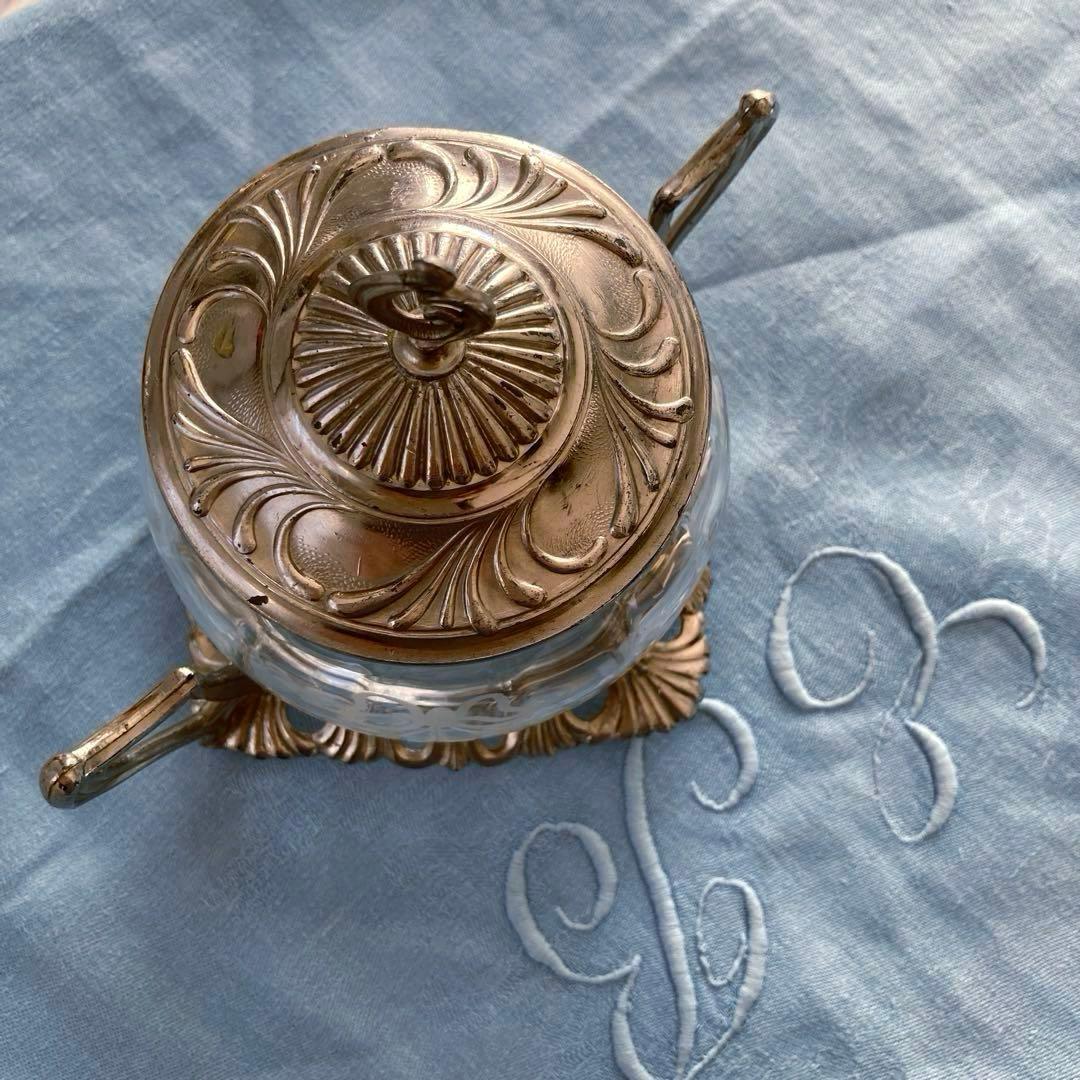 ♪フランスアンティーク リボンのガラスポットシュガーポットボンボニエール小物入れ