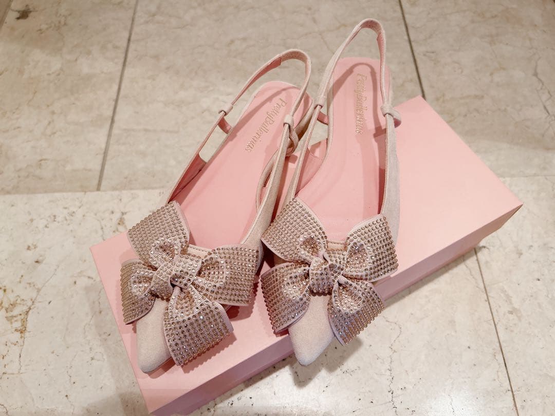 【極美品】ピンクビジューリボン付きスリングバックミュール