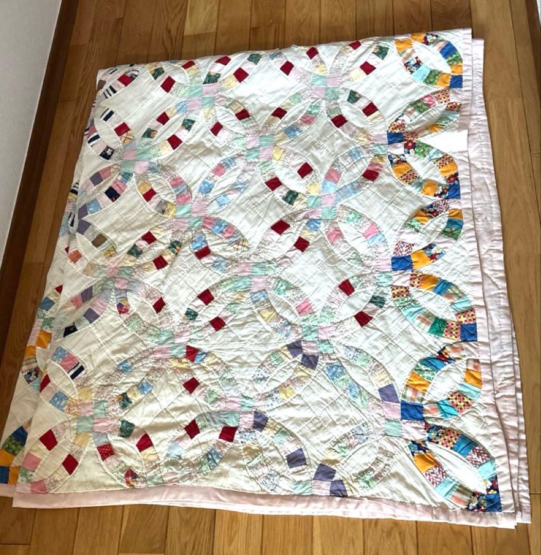 【稀少】アメリカンアンティークキルト⭐︎ダブルウエディング　 約190×208cm