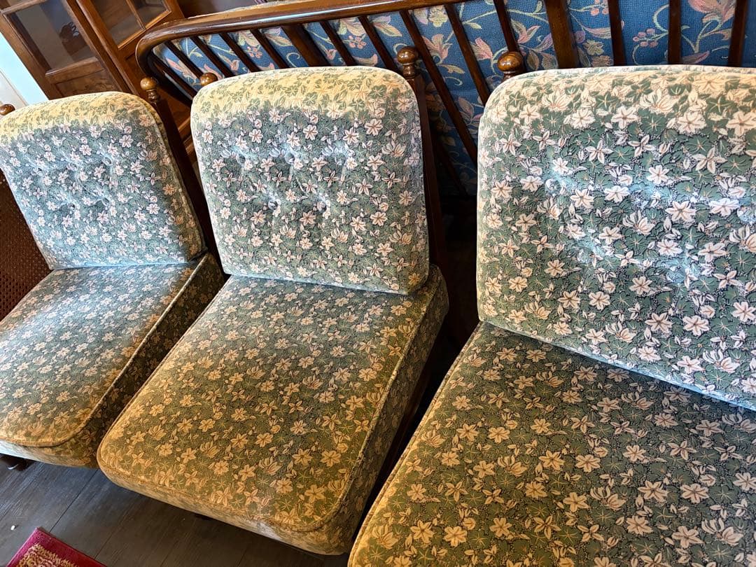 カリモク ソファ 3P 3人掛け 籐 ラタン アームソファ レトロ 花柄