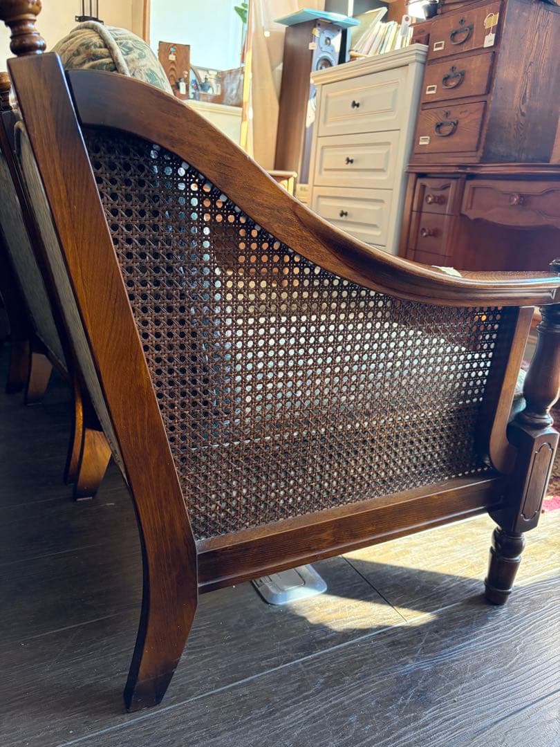 カリモク ソファ 3P 3人掛け 籐 ラタン アームソファ レトロ 花柄