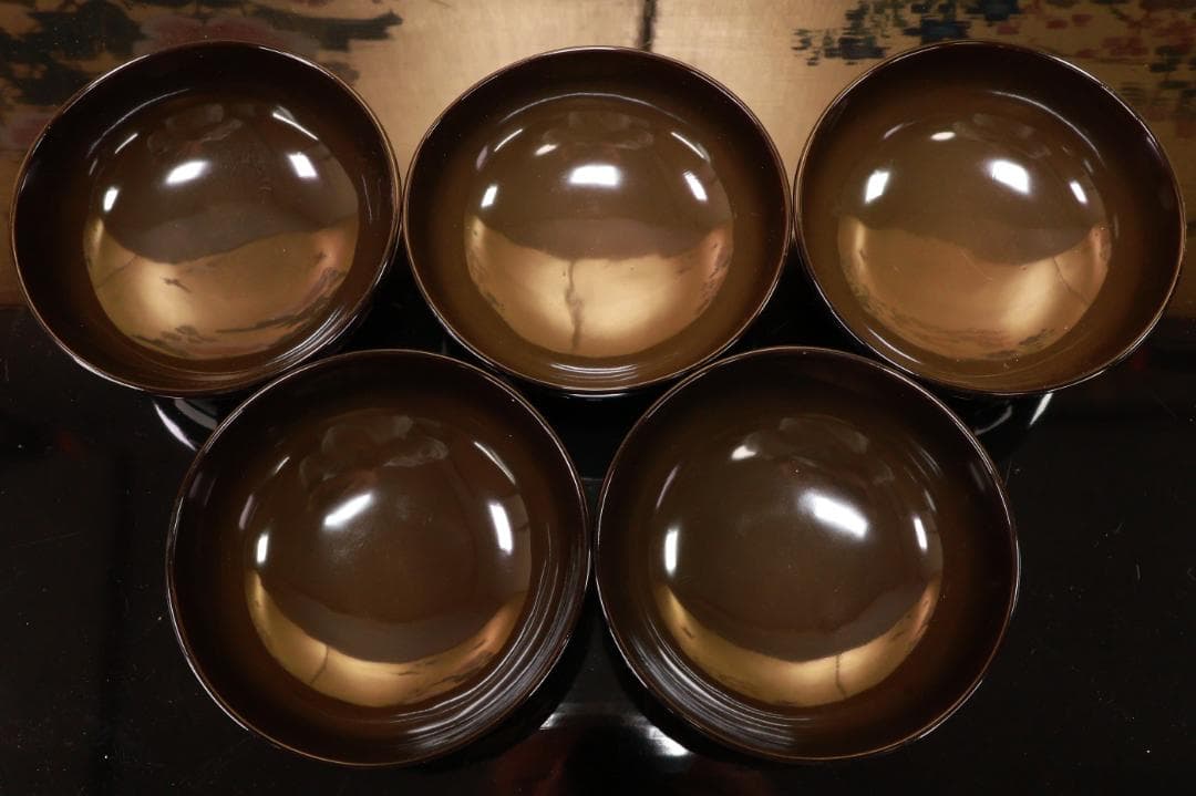 BJ119　時代輪島塗　図替わり　草花蒔絵　吸物椀　五客　木製 懐石 菓子