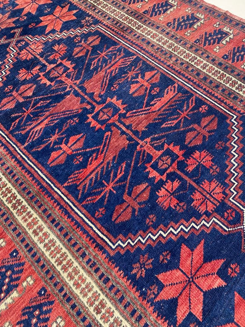 ヴィンテージ＊手織り　ラグ ネイビーブルーオレンジ