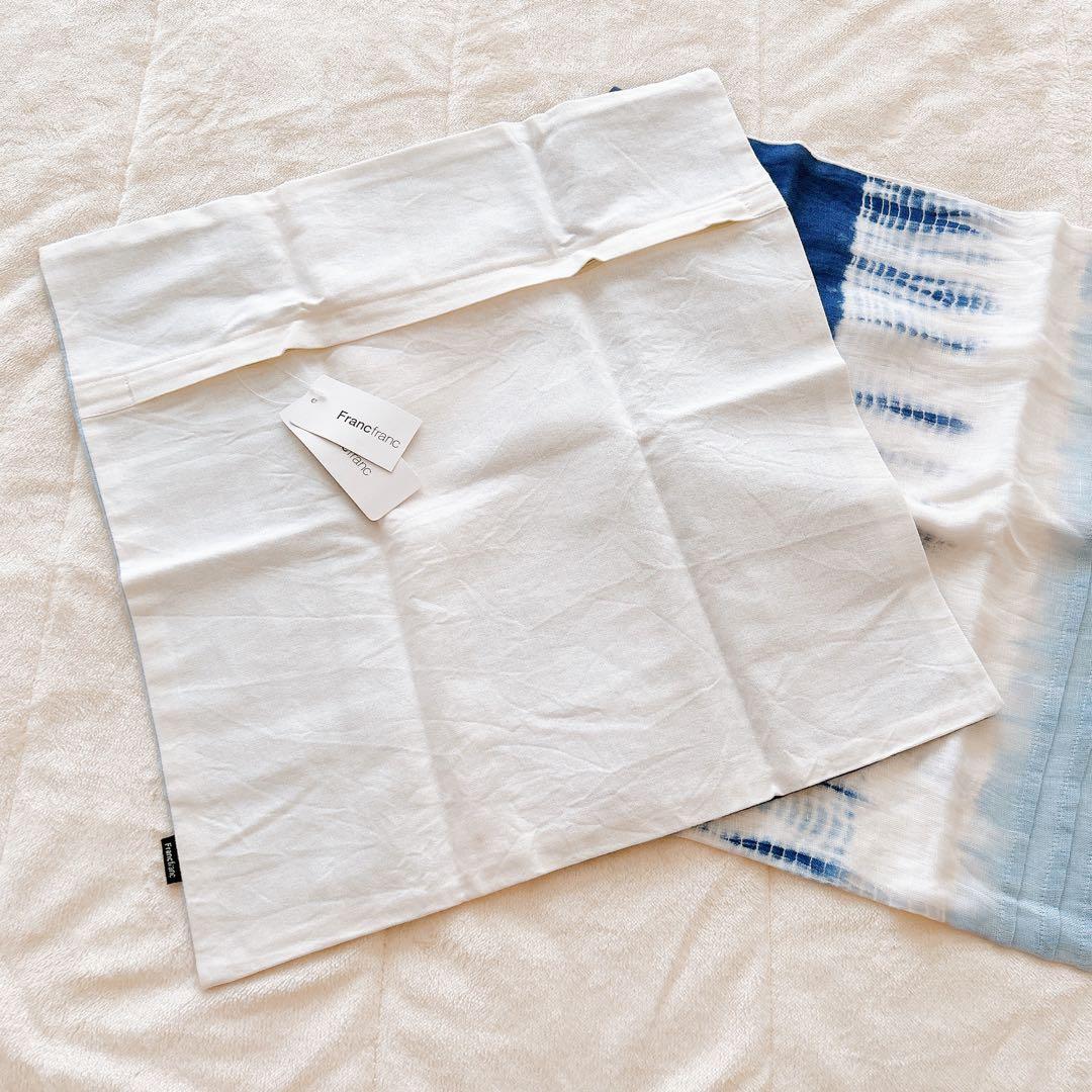 フランフラン リネンクッションカバー 3点 麻 白ブルー Francfranc