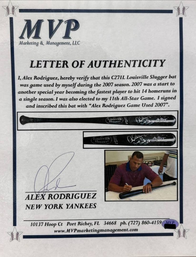 アレックスロドリゲス　実使用バット　直筆サイン　証明書　支給品 ヤンキース
