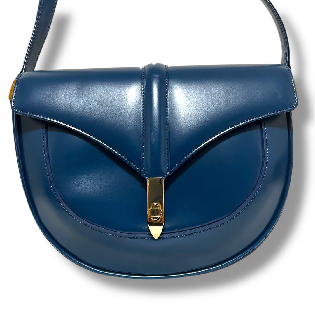 美品 傳濱野 ショルダーバッグ レザー アビスブルー アールクラネ ターンロック