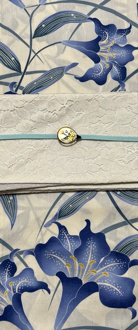 浴衣 ゆかた帯のセット販売白地にブルー 百合 ゆり 花柄 Lサイズ