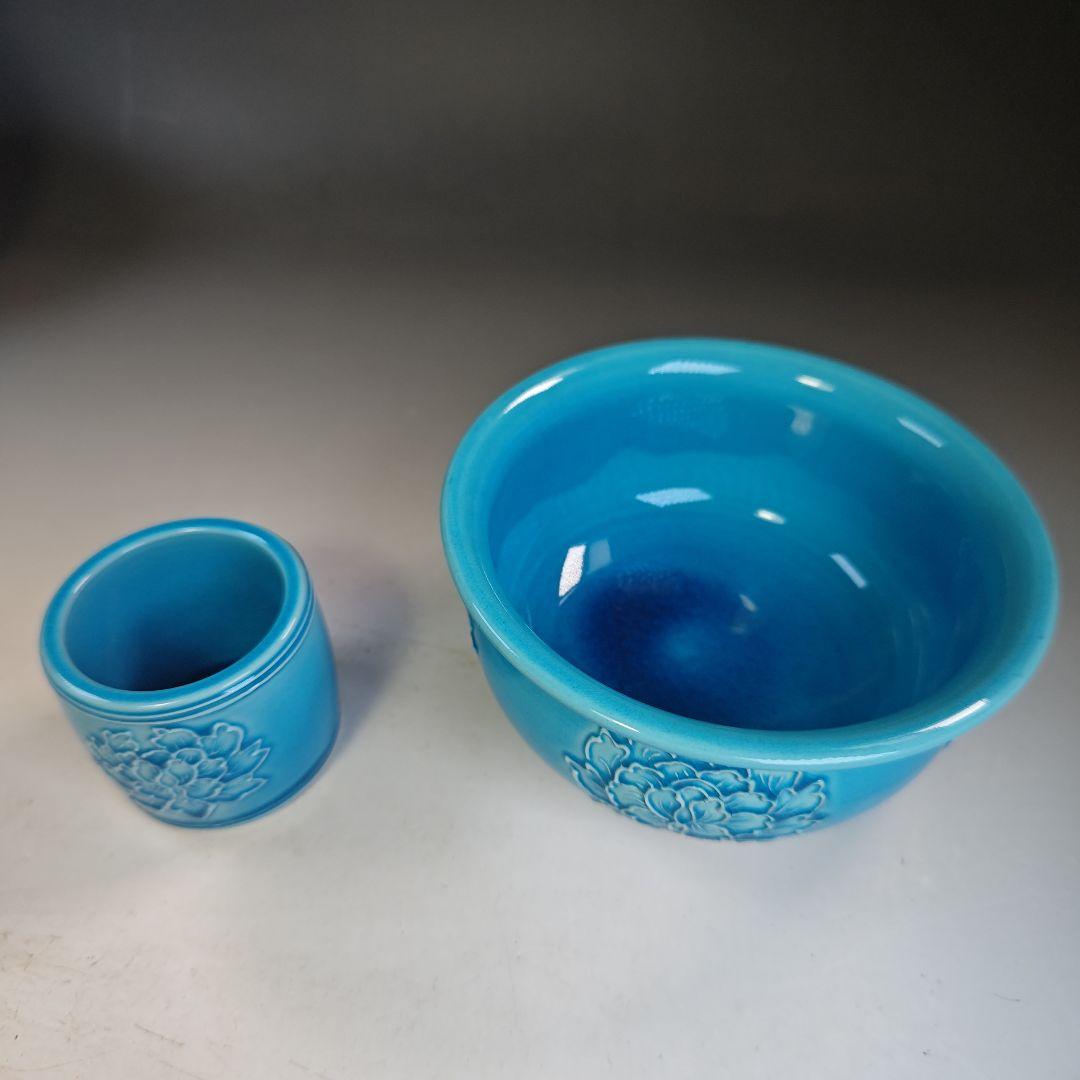 イ846 皆具『叶松谷作』『浅黄交趾　牡丹　皆具　木箱』茶道具　水指　健水　蓋置