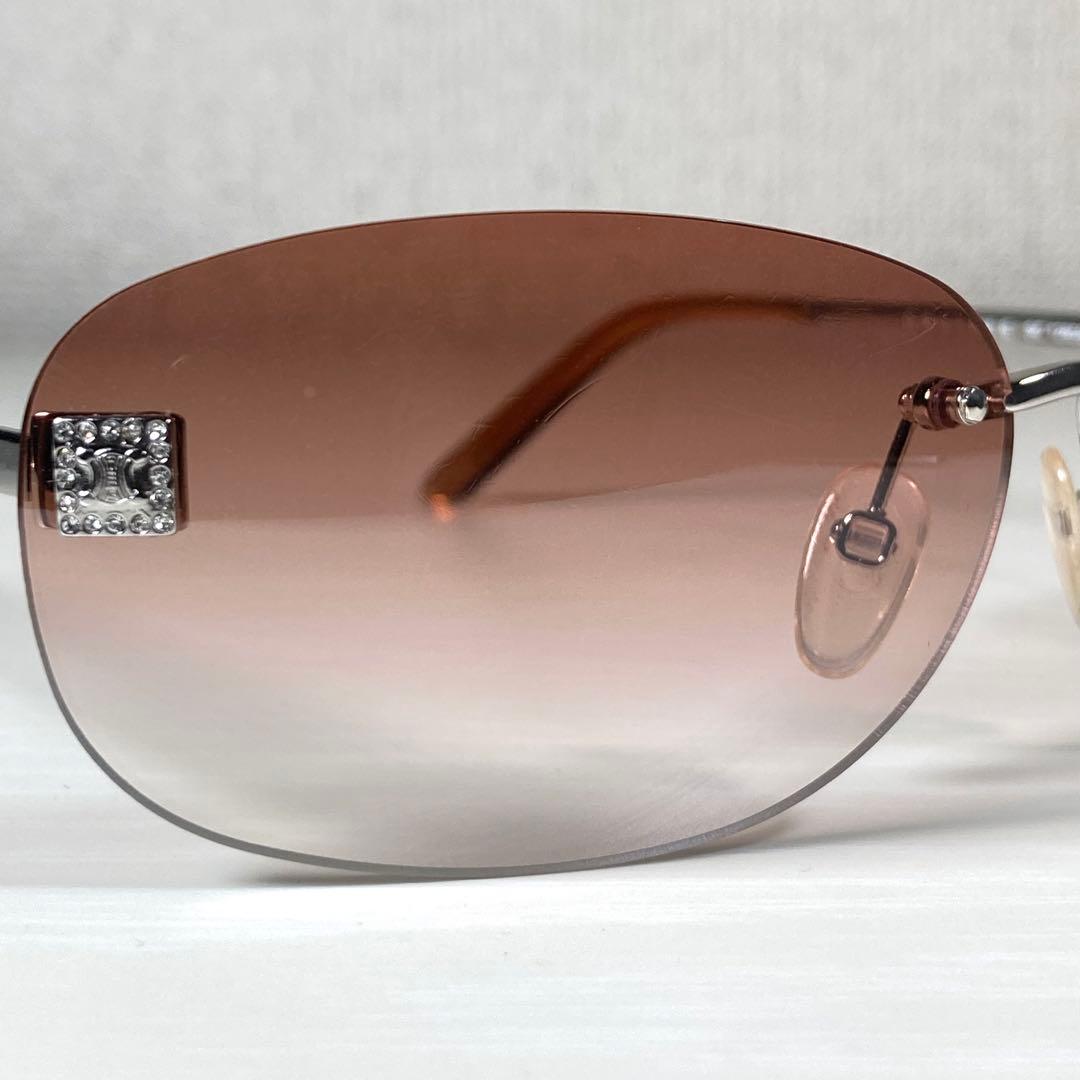 セリーヌ サングラス アイウェア リムレス ラインストーン 度なし ロゴ 茶