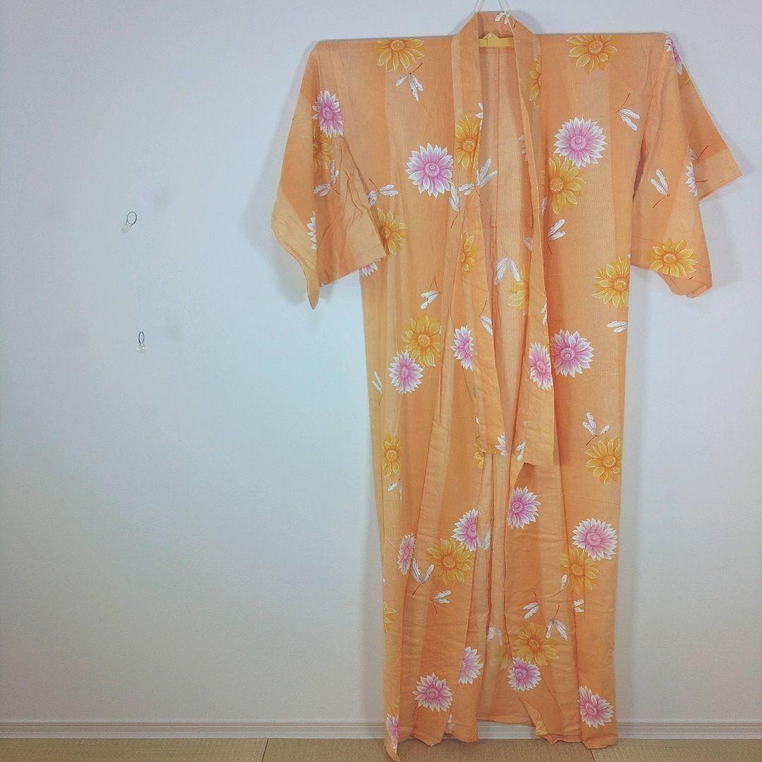 レディース　浴衣　セット　身丈162cm　オレンジ　とんぼ　花柄　半幅帯　黄色